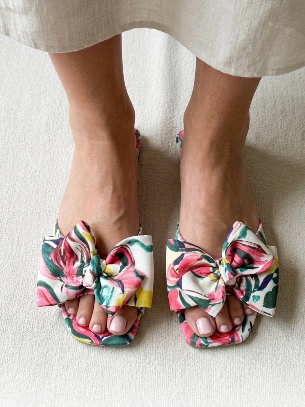 ON 34th Women's Jazminn Bow Slide Flat Sandals a vibrant floral print fabric bow